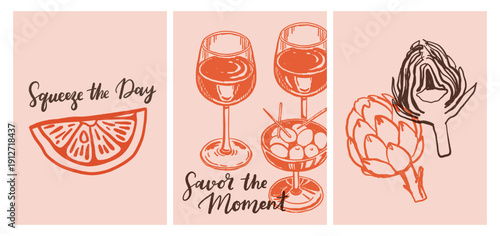 Set of hand drawn vintage posters in dolce vita style. Vector illustration of italian style hand drawn posters. Illustration for invitations, menus design. Breakfast, lunch, dinner concept.