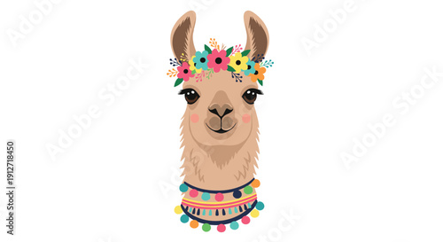 Portrait of a cute lama wearing a colorful flower crown and a traditional pompom necklace isolated on white background.
