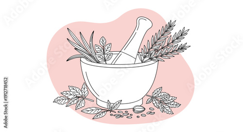 Mortar and pestle surrounded by various medicinal herbs and leaves on a soft pink abstract background shape.