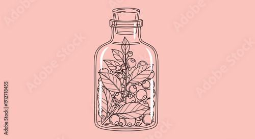 Detailed line drawing of a glass bottle containing a branch with berries and leaves isolated on a pink background.