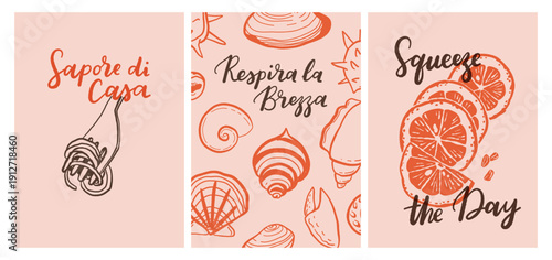 Set of hand drawn vintage posters in dolce vita style. Vector illustration of italian style hand drawn posters. Illustration for invitations, menus design. Breakfast, lunch, dinner concept.