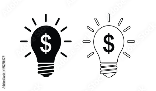 Black and white light bulb icons with dollar signs on isolated representing financial ideas and inspiration