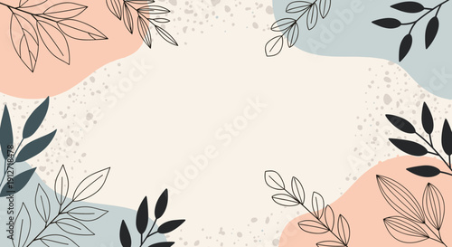 Abstract background design featuring various leaf shapes and organic blobs in muted tones of peach, teal, and beige.