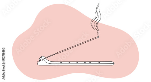 Simple line drawing of a single incense stick burning on a long holder with smoke rising up on a pink background.