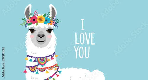 Cute white llama with a colorful flower crown and pompom necklace with text I love you on a blue background.