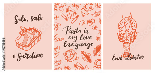 Set of hand drawn vintage posters in dolce vita style. Vector illustration of italian style hand drawn posters. Illustration for invitations, menus design. Breakfast, lunch, dinner concept.