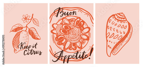 Set of hand drawn vintage posters in dolce vita style. Vector illustration of italian style hand drawn posters. Illustration for invitations, menus design. Breakfast, lunch, dinner concept.