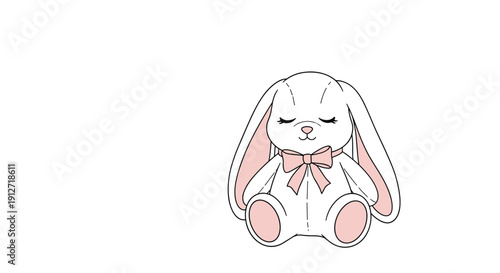 Adorable white plush bunny rabbit character with closed eyes and a pink bow sits peacefully in this charming nursery style illustration.