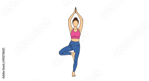 Healthy lifestyle illustration shows a woman practicing yoga in the tree pose for balance, wellness, and mindfulness on a white background.