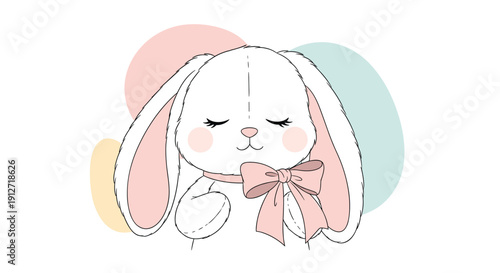 Sweet illustration of a white bunny rabbit with pink bow and rosy cheeks is framed by soft pastel circles for a cute nursery theme.