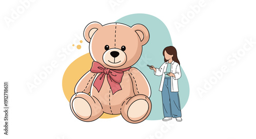 Charming illustration features a giant plush teddy bear with a red bow being cared for by a small girl against colorful abstract shapes.