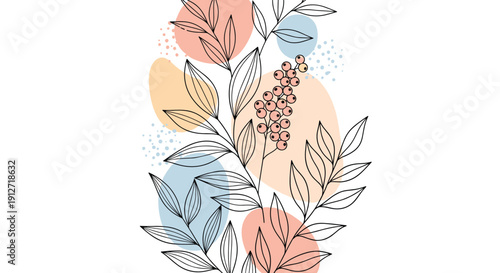 Vertical botanical composition showcases intricate leaf drawings and pink berry clusters over soft, organic pastel shapes in peach and blue.