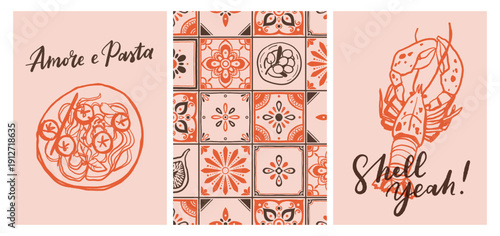 Set of hand drawn vintage posters in dolce vita style. Vector illustration of italian style hand drawn posters. Illustration for invitations, menus design. Breakfast, lunch, dinner concept.