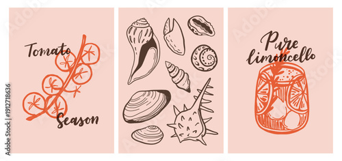 Set of hand drawn vintage posters in dolce vita style. Vector illustration of italian style hand drawn posters. Illustration for invitations, menus design. Breakfast, lunch, dinner concept.