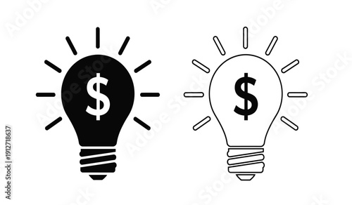 Black and white light bulb icons with dollar sign symbol inside for business or finance concept