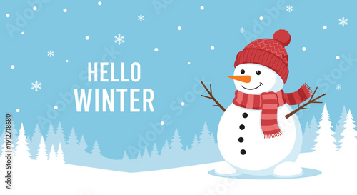 Cheerful winter illustration features a snowman in a red hat and scarf standing in a snowy forest with the text hello winter.