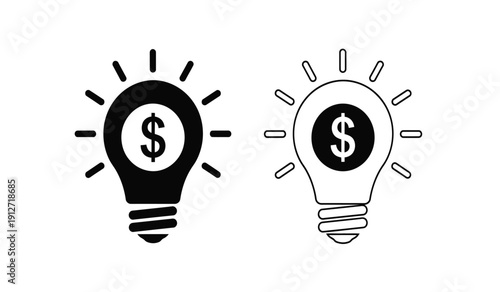 Two black and white light bulb icons with dollar signs inside representing financial ideas and innovation