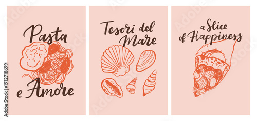 Set of hand drawn vintage posters in dolce vita style. Vector illustration of italian style hand drawn posters. Illustration for invitations, menus design. Breakfast, lunch, dinner concept.