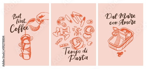 Set of hand drawn vintage posters in dolce vita style. Vector illustration of italian style hand drawn posters. Illustration for invitations, menus design. Breakfast, lunch, dinner concept.