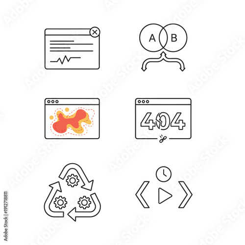 minimalist web development icons illustrating digital processes data analysis ab testing 404 errors and system optimization for uiux design.