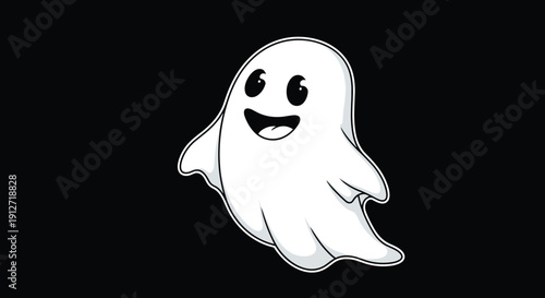 Cheerful cartoon ghost character with large eyes and a happy smile floating on a solid black background for Halloween.
