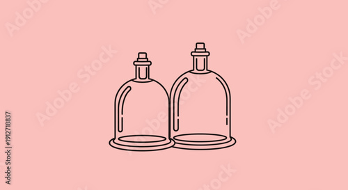 Simple line art illustration of two vacuum therapy cupping jars used in traditional medicine set against a pink background.