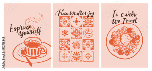 Set of hand drawn vintage posters in dolce vita style. Vector illustration of italian style hand drawn posters. Illustration for invitations, menus design. Breakfast, lunch, dinner concept.