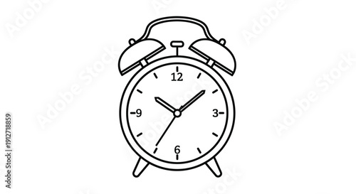 Classic twin bell alarm clock illustration in clean black line art showing the time as approximately ten past ten.