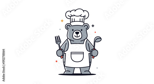 Adorable cartoon bear character dressed as a chef wearing a white hat and apron while holding a fork and a ladle.
