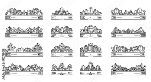 monochromatic geometric crystal clusters in minimalist line art illustrating diverse abstract mineral formations for elegant graphic design elements and banners.