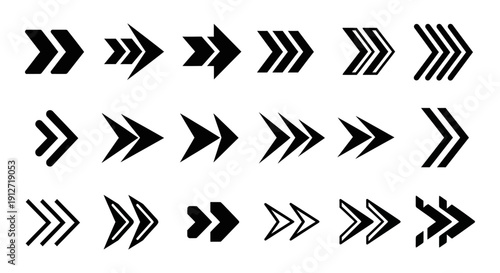 multiple black arrow icons pointing right symbolizing forward movement speed and direction ideal for uiux design web navigation.