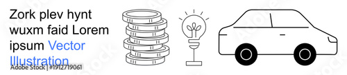 Business finance, innovation, transportation, creativity, ideas, and economy. Stacks of coins, a lit bulb and a car displayed. Business finance and innovation concept