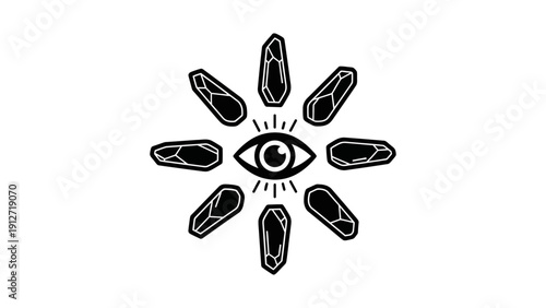 mystical eye with radiating lines and faceted crystals embodying spiritual insight intuition foresight and esoteric wisdom.