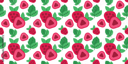 strawberry fruit seamless pattern flat red background. fresh sweet berry illustration for packaging, wallpaper, textile print, and web design. simple vector. pattern with white background 