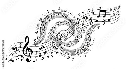 musical notes and flowing staves create an abstract decorative melody design on a white background perfect for music-themed graphics.