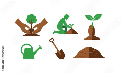Gardening tools vector silhouette illustration set for planting seedling sprout line art