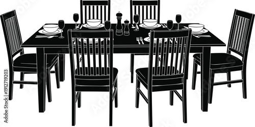Silhouette of elegant dining room table set with wooden chairs plates wine glasses and cutlery for formal dinner party or family gathering
