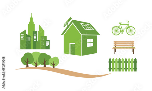 Green eco city vector illustration with solar panel house and silhouette bicycle line art