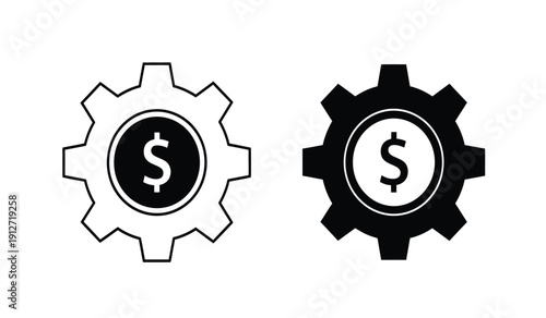Black and white gear icons with dollar sign in the center for business or finance concepts