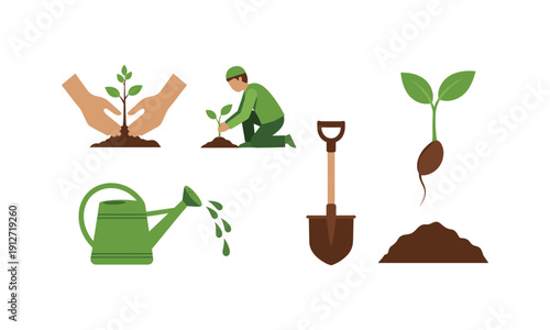 Gardening vector illustration of planting seeds watering and digging tools