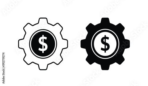 Two gear icons with dollar signs in the center, one black and one white, representing financial or business concepts in a simple design