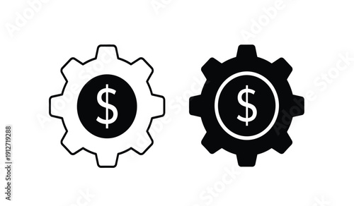 Black and white gear icons with dollar signs on a pure for business and finance concepts