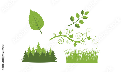 Green leaf vector illustration with forest silhouette grass and nature elements line art