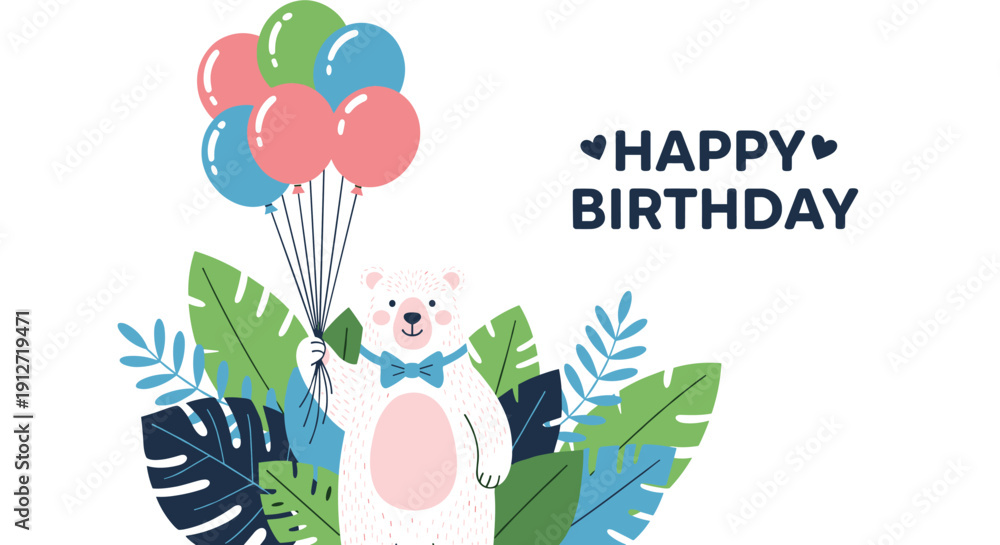 Naklejka premium Charming birthday illustration features a cute white polar bear holding colorful balloons surrounded by vibrant tropical foliage.