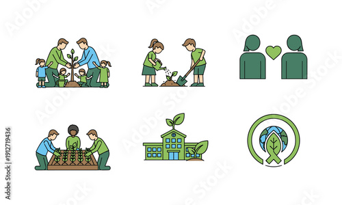 People and children planting trees for environmental education vector illustration concept