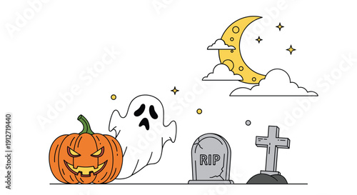 Spooky Halloween illustration features a carved jack o lantern, ghost, graveyard elements, and a crescent moon in a line art style.