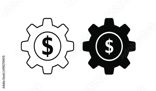 Black and white gear icons with dollar signs on a pure for business and finance concepts