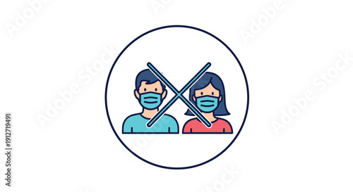 Informational icon showing a man and a woman wearing face masks with a cancel sign over them for health and safety messaging.