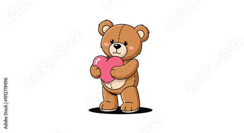Adorable brown teddy bear character stands and holds a large pink heart in a sweet illustration expressive of love and affection.
