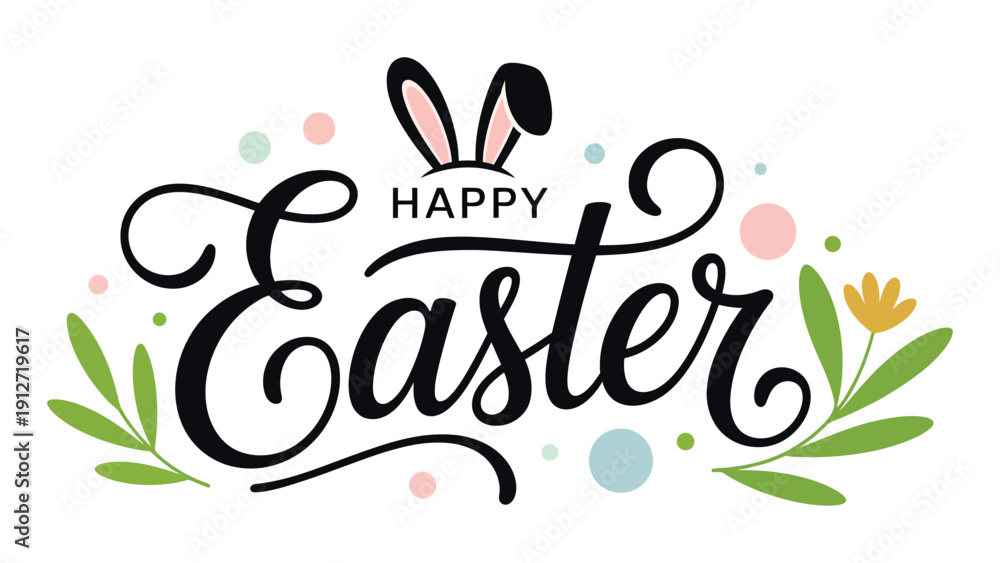 Fototapeta premium Happy Easter decorative typography with bunny ears floral leaves and pastel confetti elements for spring holiday greeting banner design